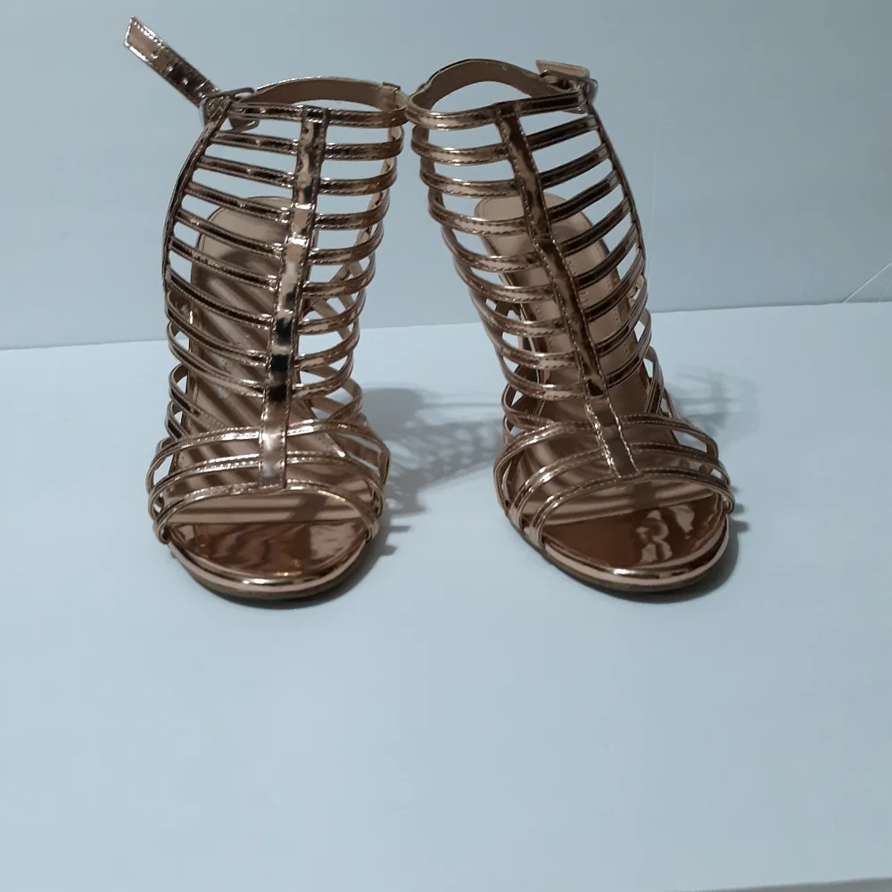 CHRISTIAN SIRIANO Rose gold gladiator heel…